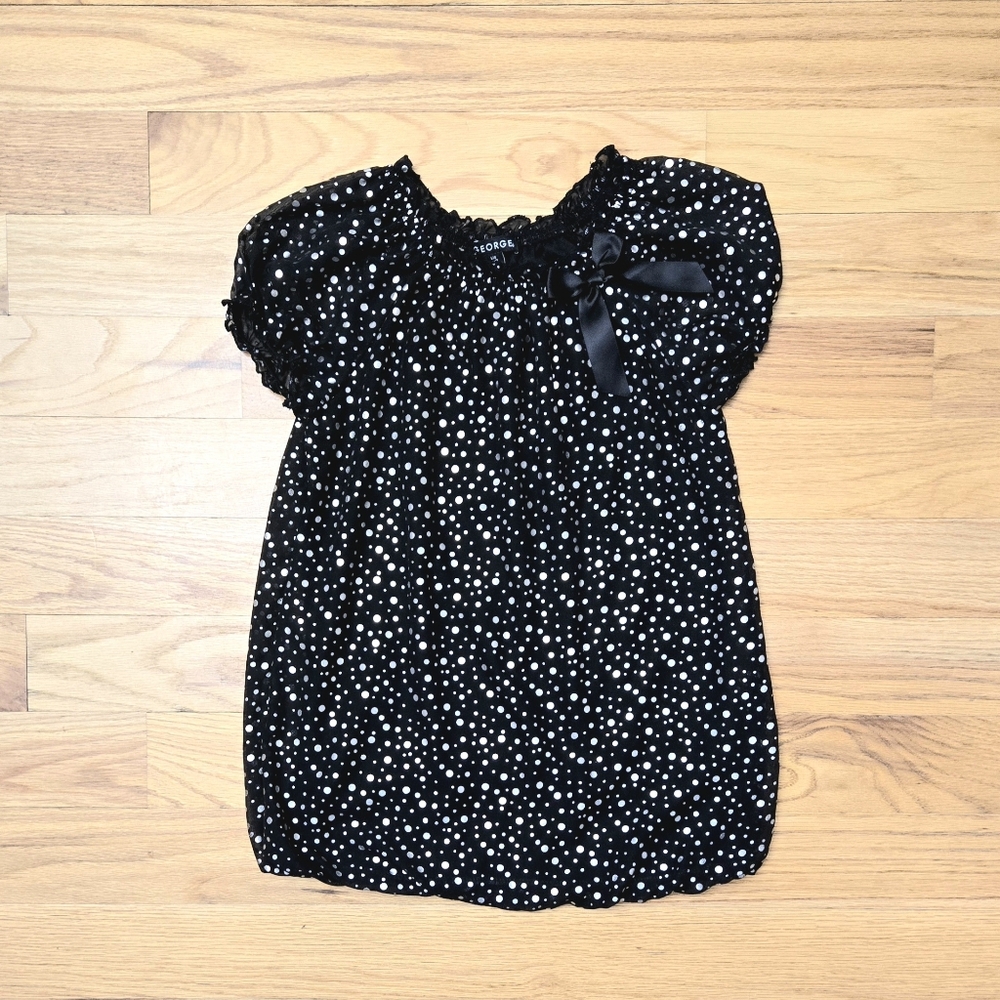 Girls' George Black and Silver Polka Dot Puff Sleeve Top with Satin Bow